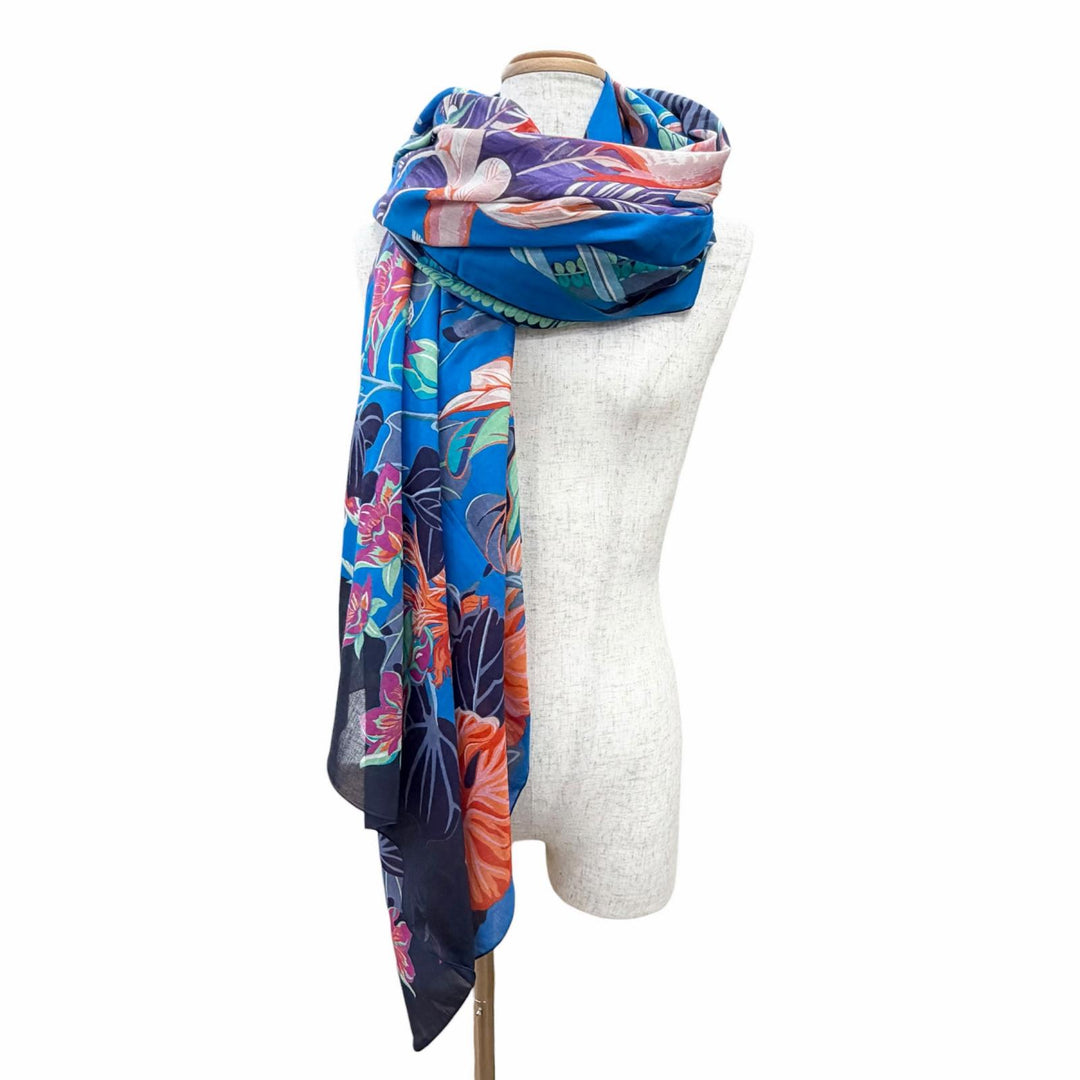 Excellent HERMES scarf Pareo FLAMINGO PARTY Large format shawl stall blue cotton