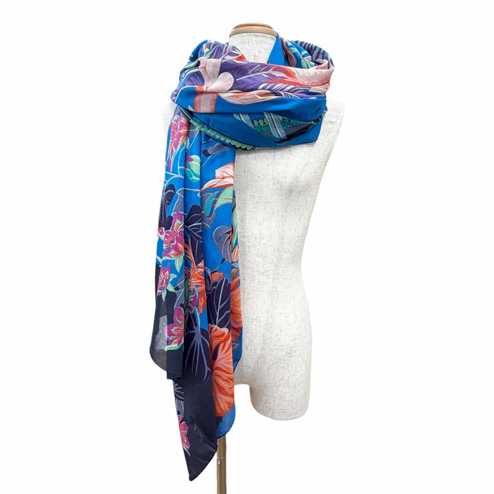 Excellent HERMES scarf Pareo FLAMINGO PARTY Large format shawl stall blue cotton