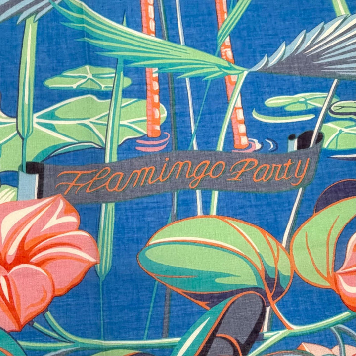 Excellent HERMES scarf Pareo FLAMINGO PARTY Large format shawl stall blue cotton