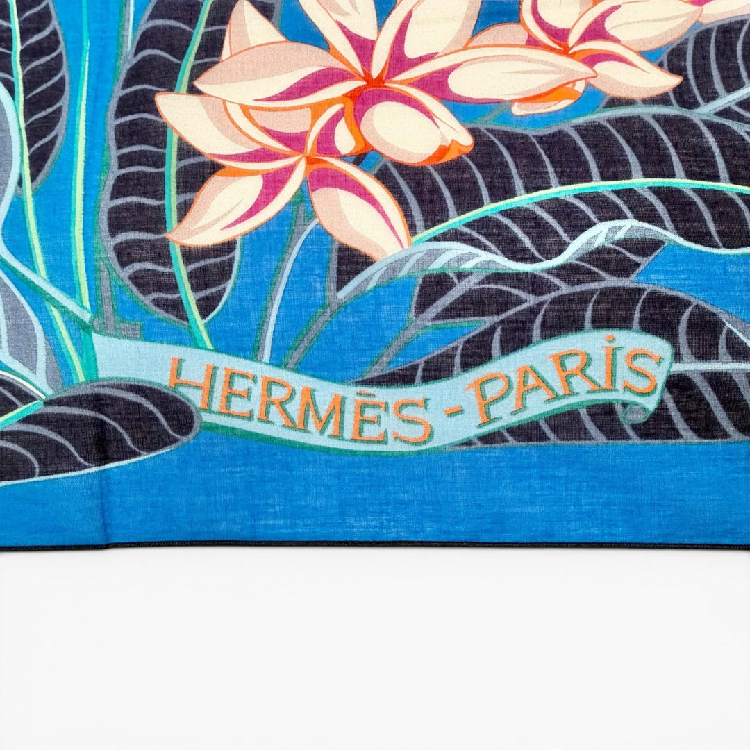 Excellent HERMES scarf Pareo FLAMINGO PARTY Large format shawl stall blue cotton