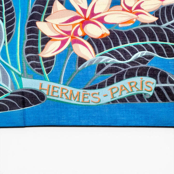 Excellent HERMES scarf Pareo FLAMINGO PARTY Large format shawl stall blue cotton