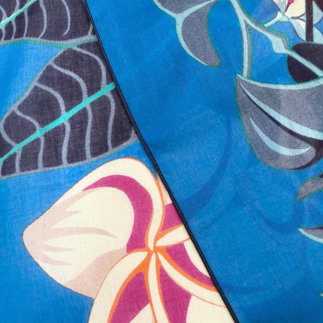 Excellent HERMES scarf Pareo FLAMINGO PARTY Large format shawl stall blue cotton