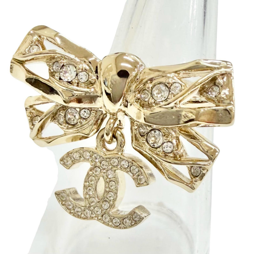 Excellent CHANEL Ring ring COCO Mark Ribbon Rhinestone gold Women B24B