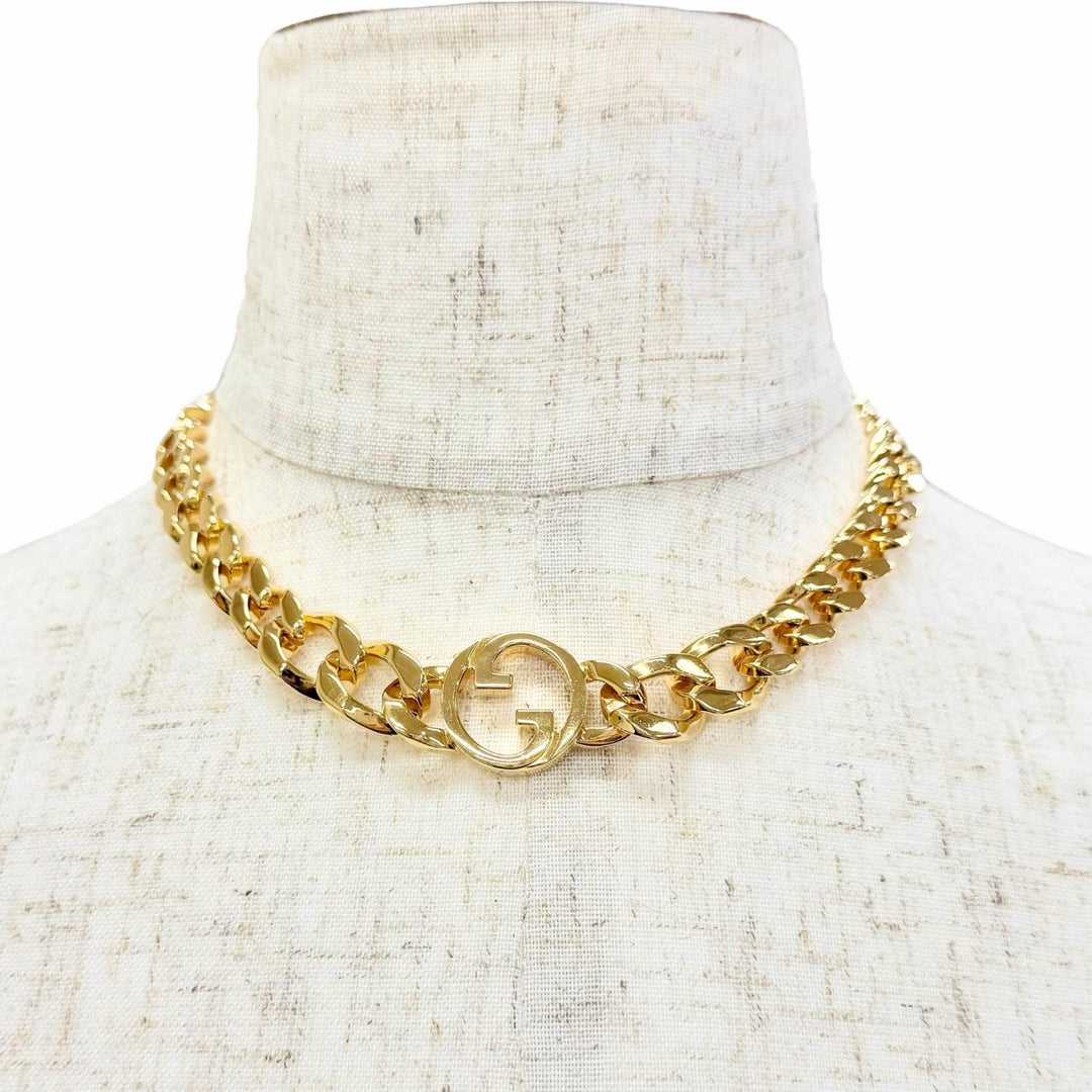 Great GUCCI choker Blondie Chain Necklace Interlocking G gold Women 774555
