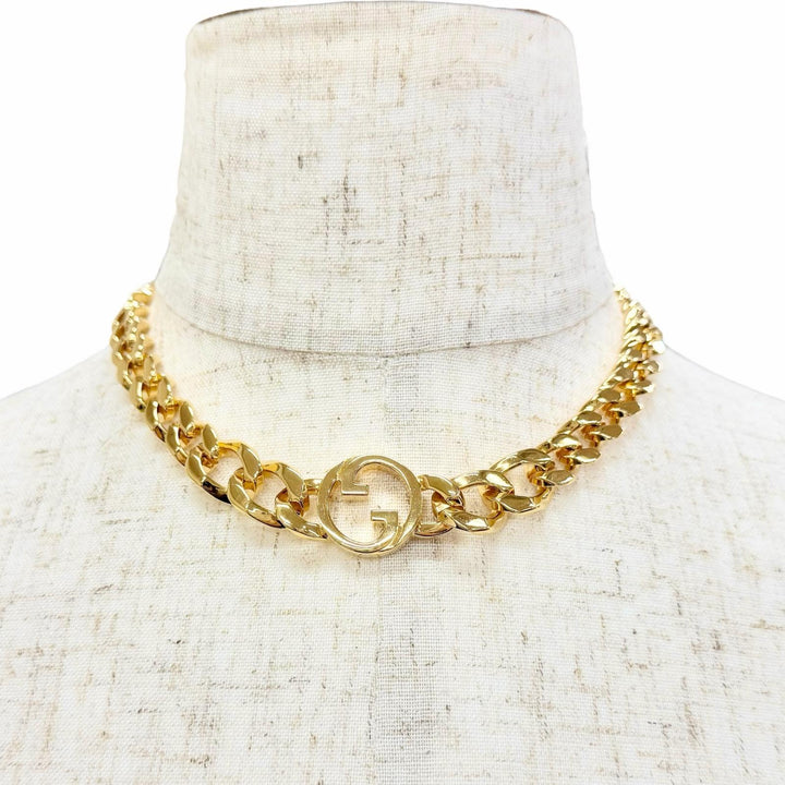 Great GUCCI choker Blondie Chain Necklace Interlocking G gold Women 774555
