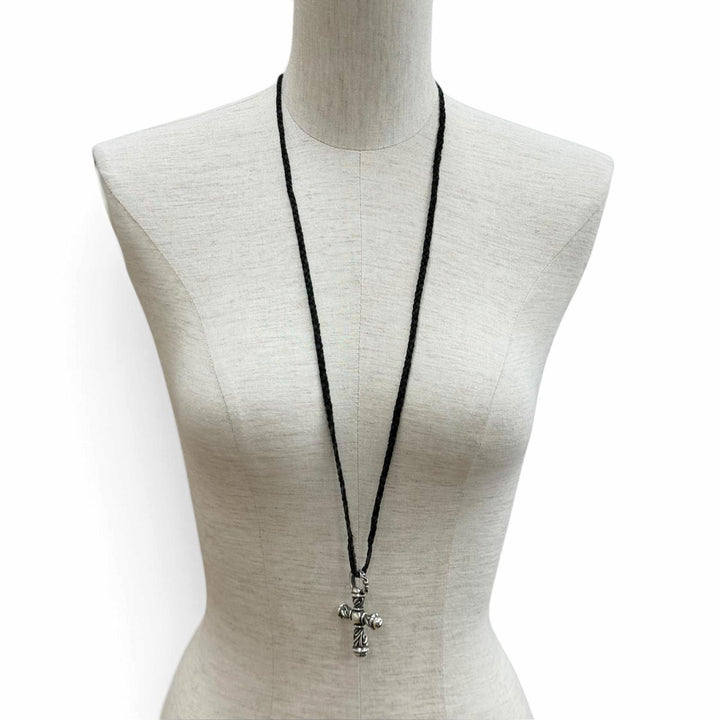 Great CHROME HEARTS Necklace Small Campana Cloth Leather Braid Silver 925 Women