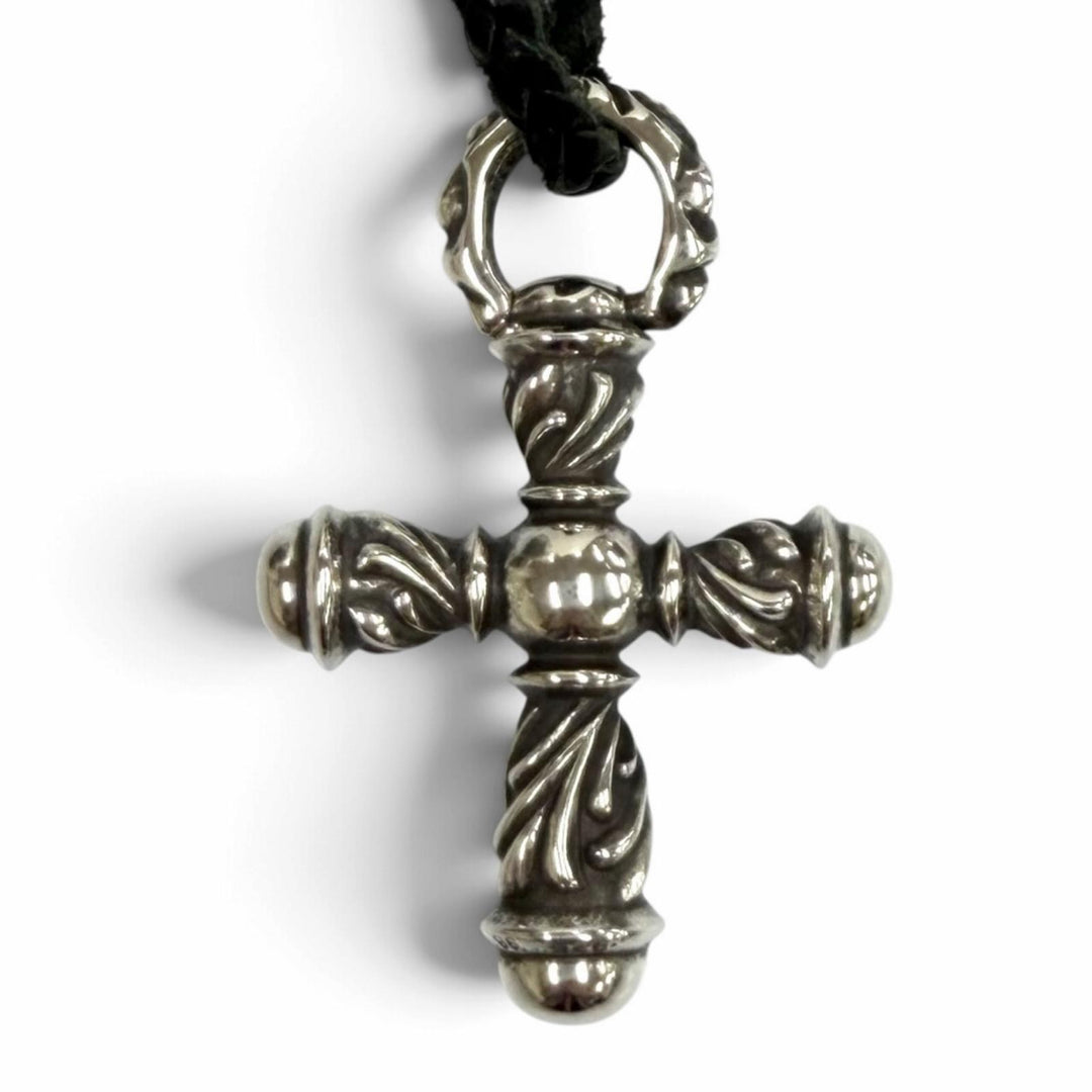 Great CHROME HEARTS Necklace Small Campana Cloth Leather Braid Silver 925 Women