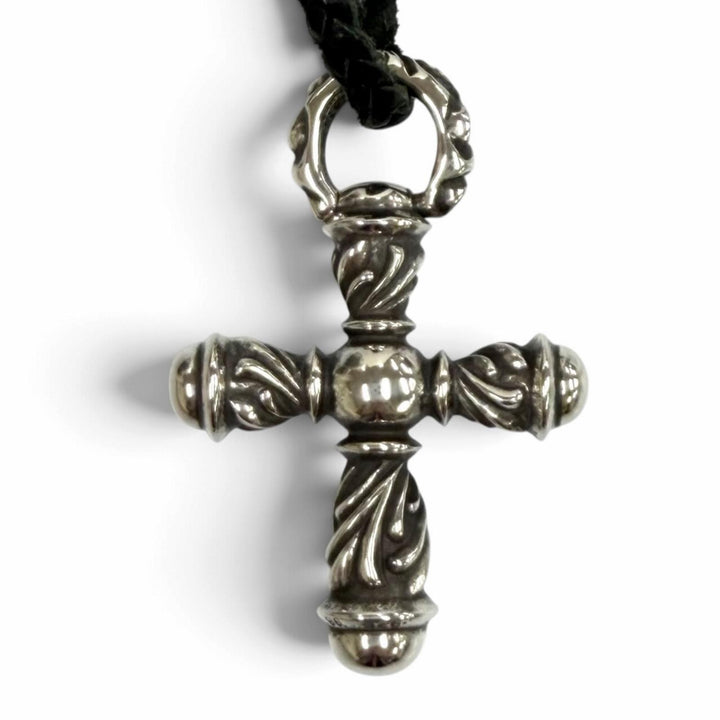 Great CHROME HEARTS Necklace Small Campana Cloth Leather Braid Silver 925 Women