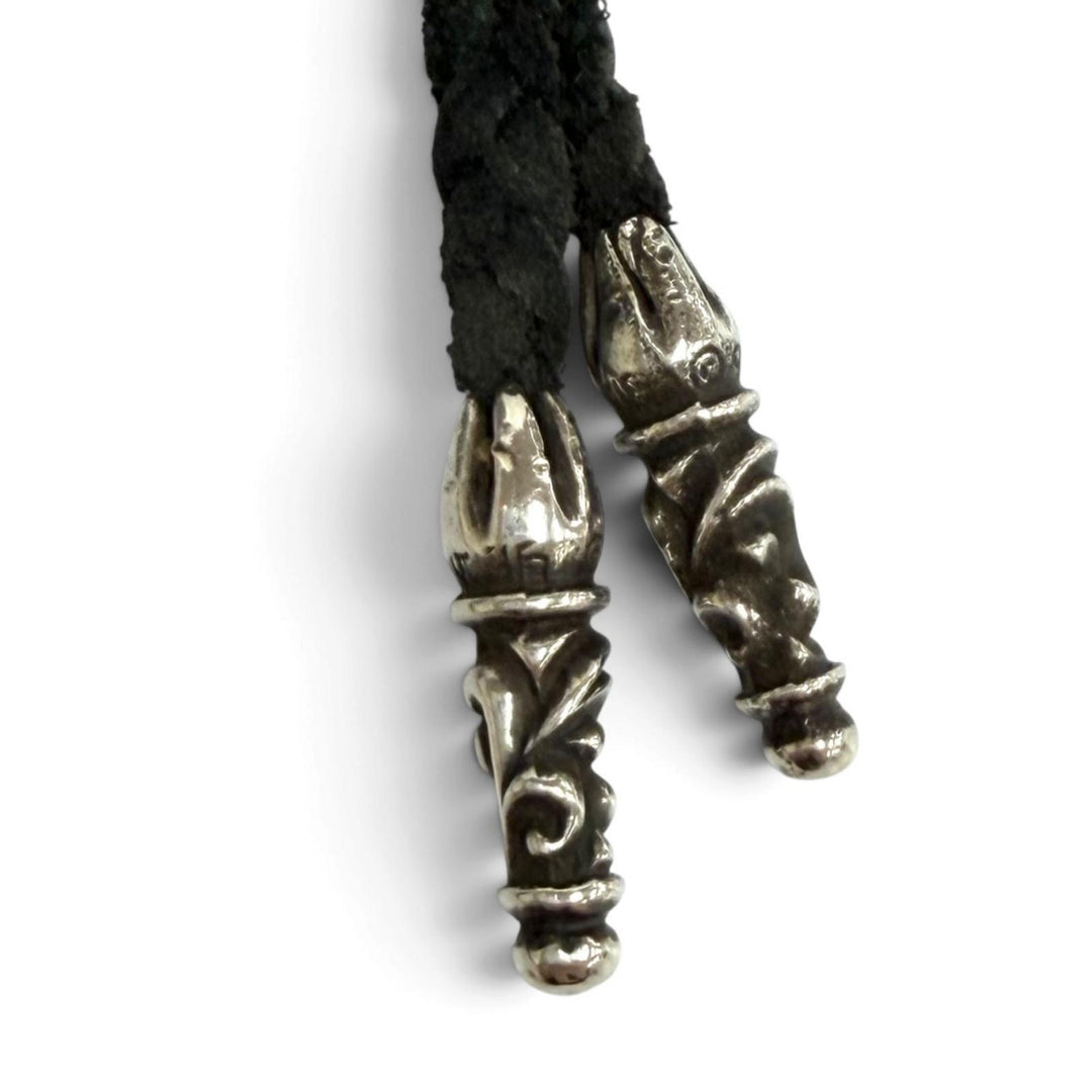 Great CHROME HEARTS Necklace Small Campana Cloth Leather Braid Silver 925 Women