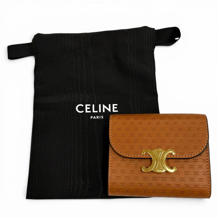 Pristine CELINE Tri-fold wallet Small flap wallet Brown leather Women 10D78