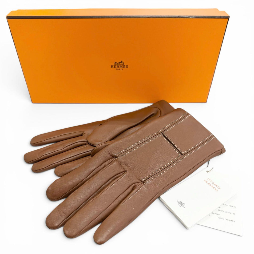 Pristine HERMES gloves 100% Cashmere Lining, H-Stitch, Lamb Leather Gloves 7.5