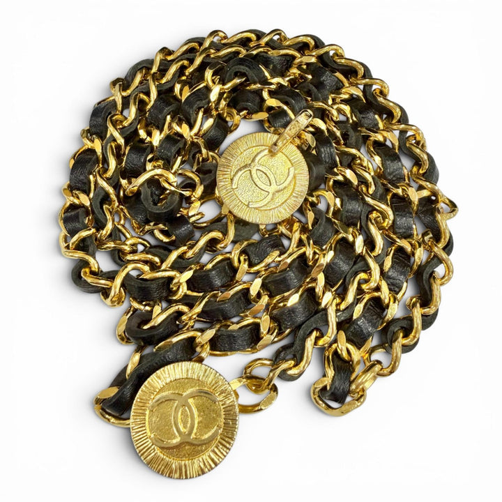 Great CHANEL belt COCO Mark Leather Triple Chain gold leather Women