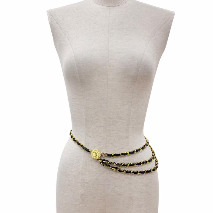 Great CHANEL belt COCO Mark Leather Triple Chain gold leather Women