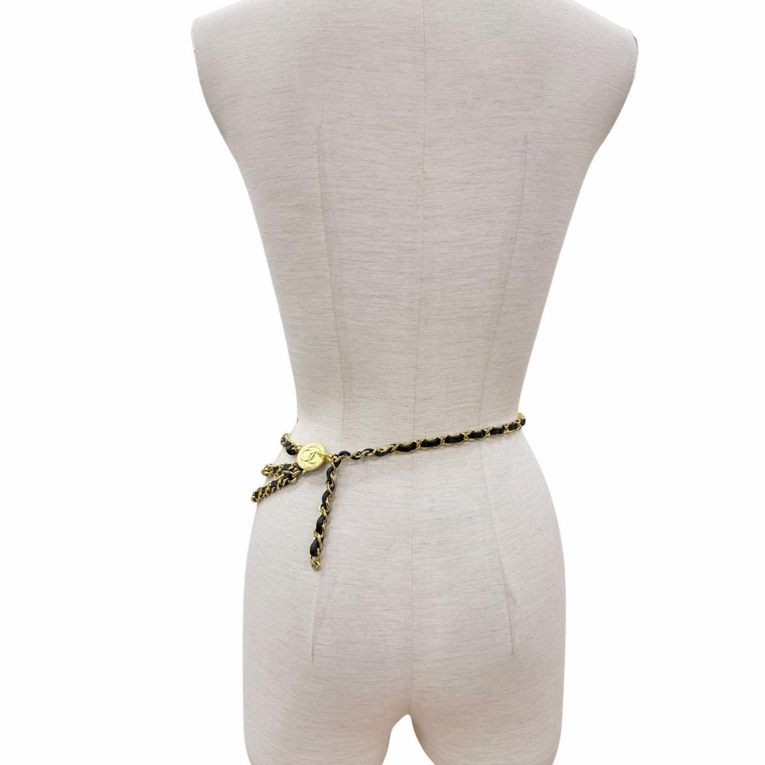 Great CHANEL belt COCO Mark Leather Triple Chain gold leather Women