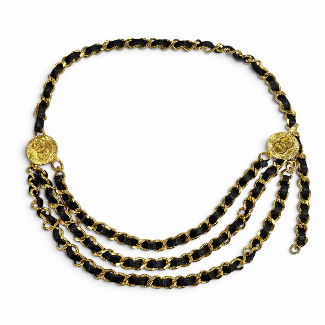 Great CHANEL belt COCO Mark Leather Triple Chain gold leather Women