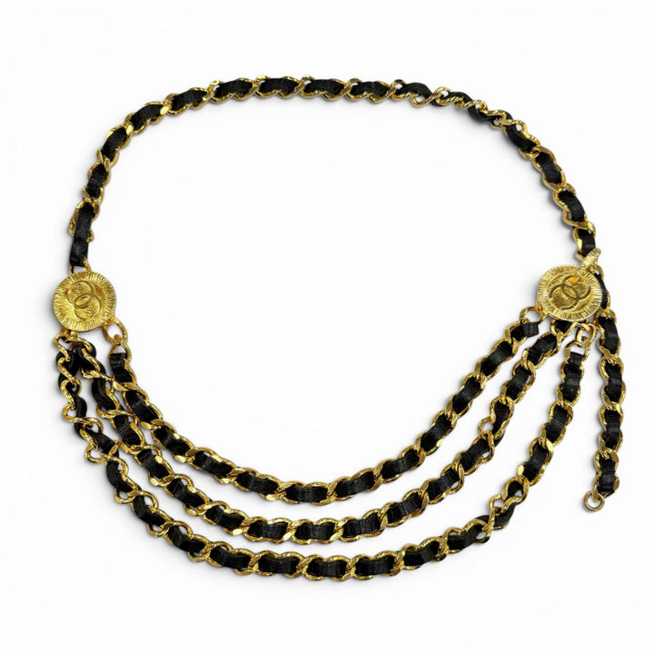Great CHANEL belt COCO Mark Leather Triple Chain gold leather Women