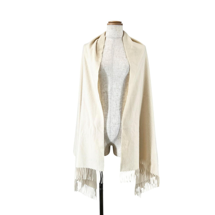 Great HERMES Scarf Logo embroidered fringe large stole Ivory cashmere Women