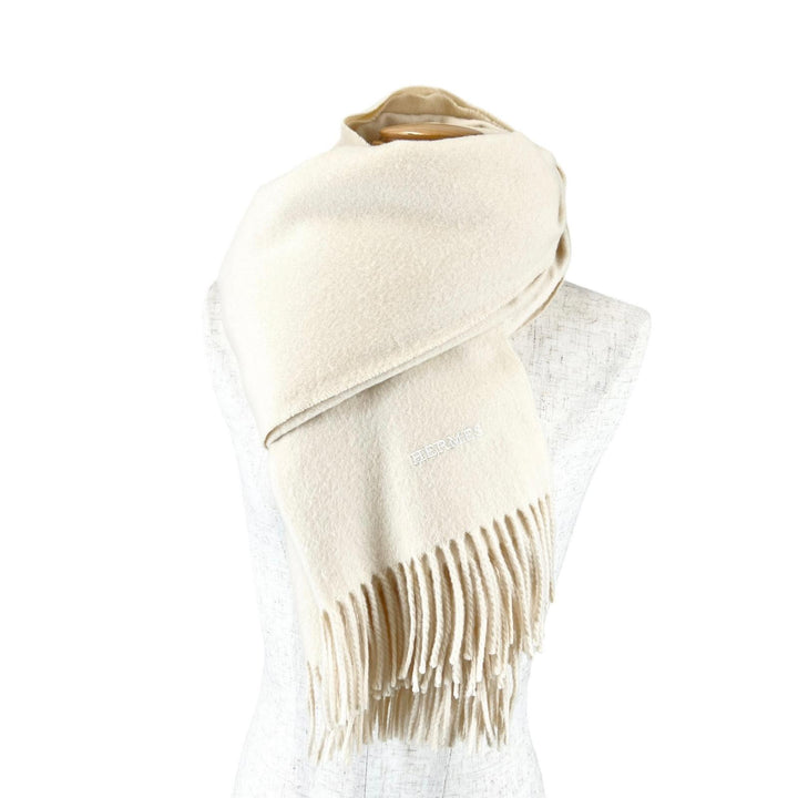 Great HERMES Scarf Logo embroidered fringe large stole Ivory cashmere Women