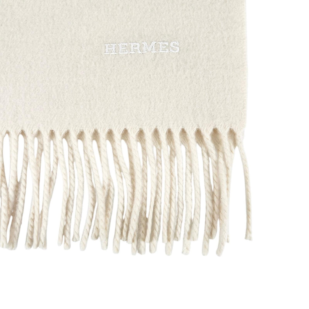 Great HERMES Scarf Logo embroidered fringe large stole Ivory cashmere Women