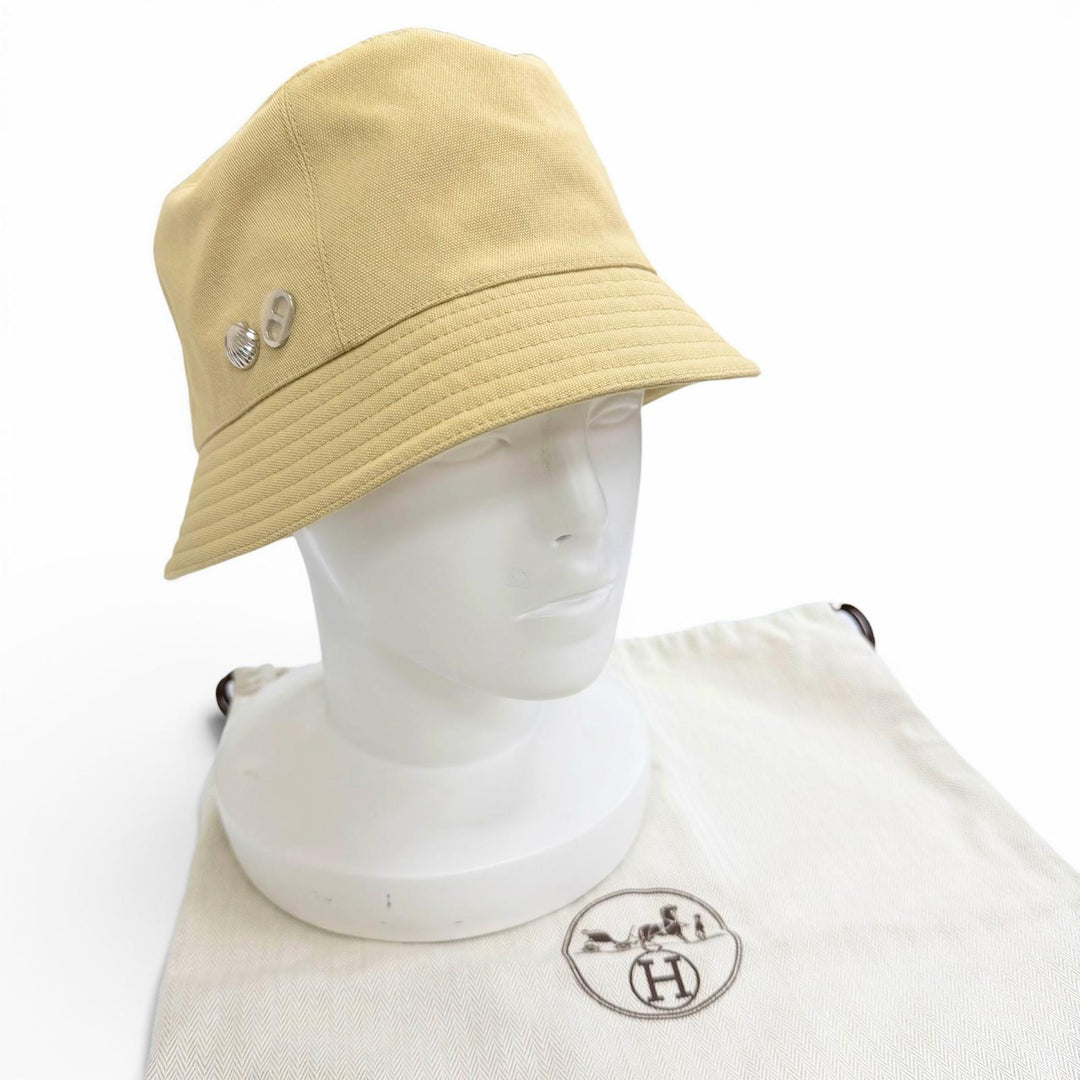 Pristine HERMES hat Calvi Seashell Chaine d'Ancre Bucket Hat beige cotton 58