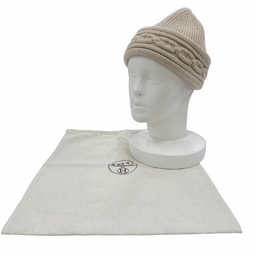 Excellent HERMES Knit cap Heaven Twist Chaine d'Ancre Beanie beige cashmere L