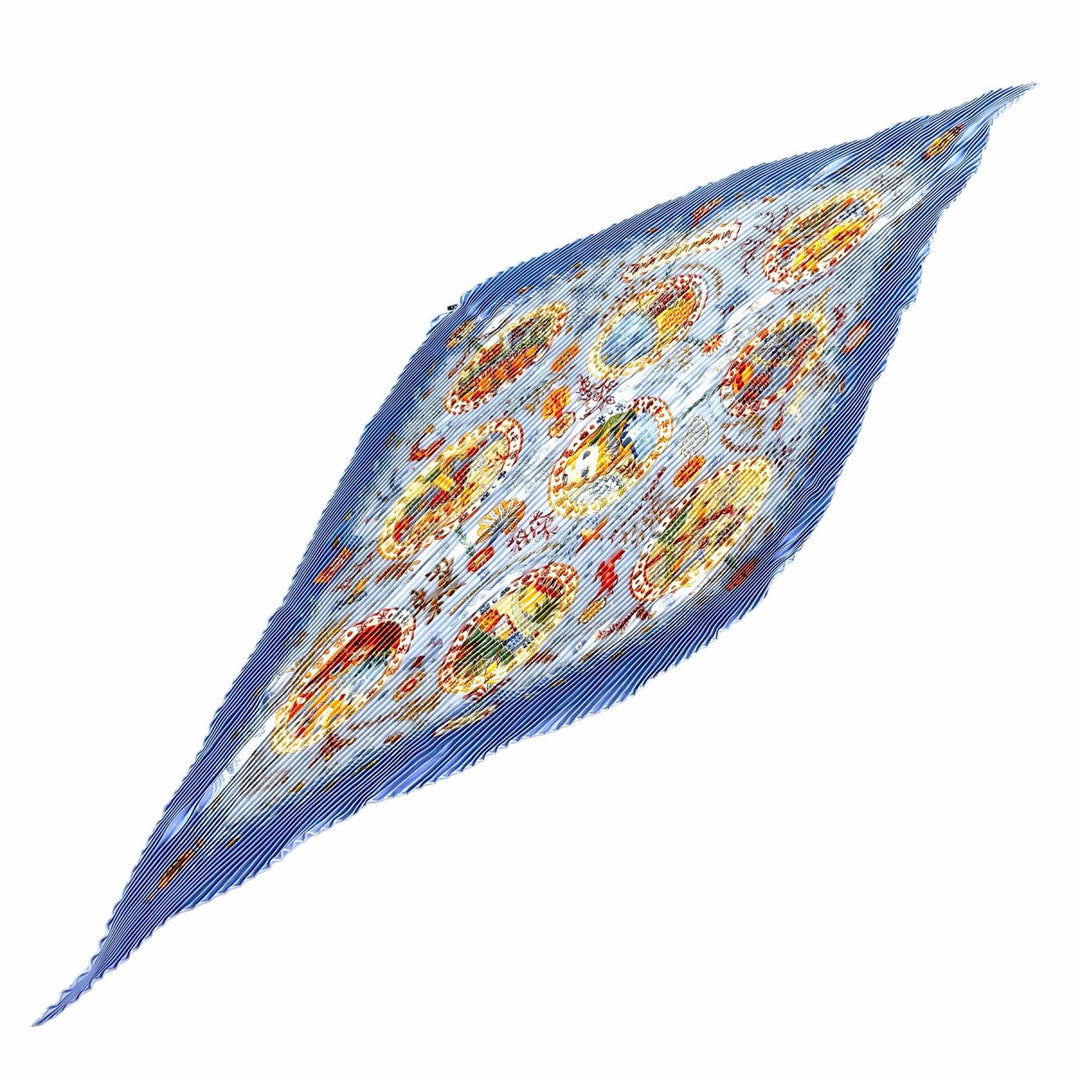 Excellent HERMES scarf Mediterranean port towns Diamond-shaped Pleated Blue silk