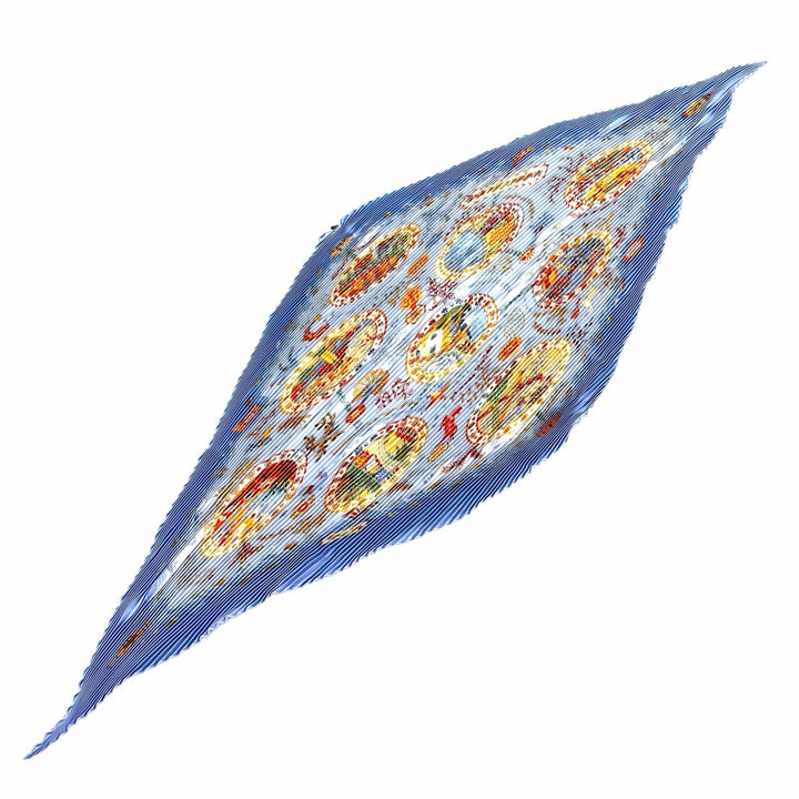 Excellent HERMES scarf Mediterranean port towns Diamond-shaped Pleated Blue silk