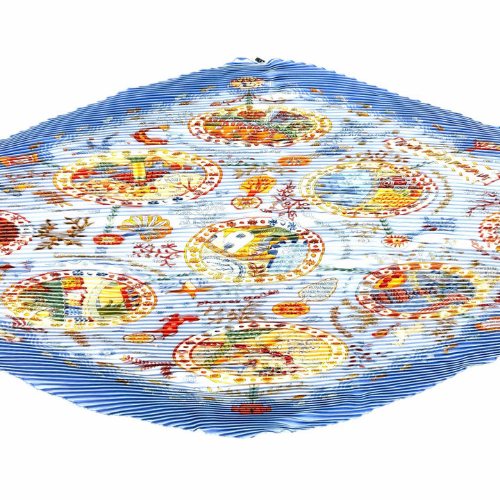 Excellent HERMES scarf Mediterranean port towns Diamond-shaped Pleated Blue silk