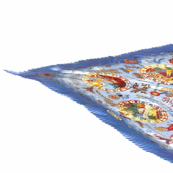Excellent HERMES scarf Mediterranean port towns Diamond-shaped Pleated Blue silk