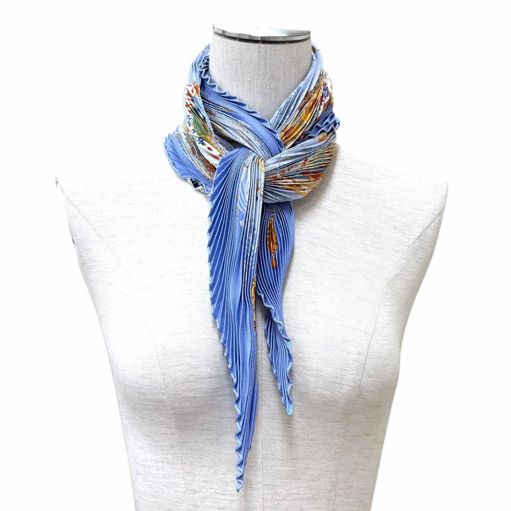 Excellent HERMES scarf Mediterranean port towns Diamond-shaped Pleated Blue silk