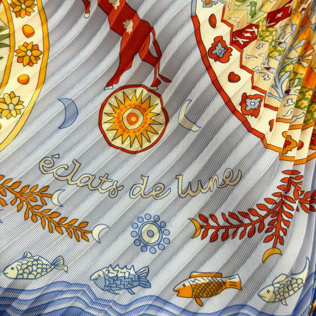 Excellent HERMES scarf Mediterranean port towns Diamond-shaped Pleated Blue silk