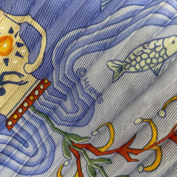 Excellent HERMES scarf Mediterranean port towns Diamond-shaped Pleated Blue silk