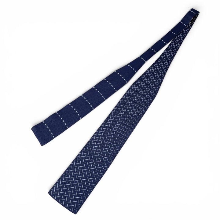 Excellent HERMES tie Border Cross Pattern Knit Tie Reversible Navy silk mens