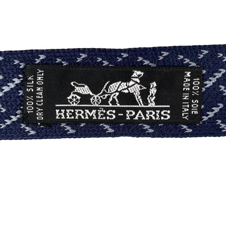 Excellent HERMES tie Border Cross Pattern Knit Tie Reversible Navy silk mens