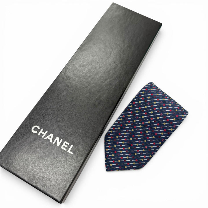 Pristine CHANEL tie COCO Mark Dot Regimental Stripe Regular Tie Navy silk mens