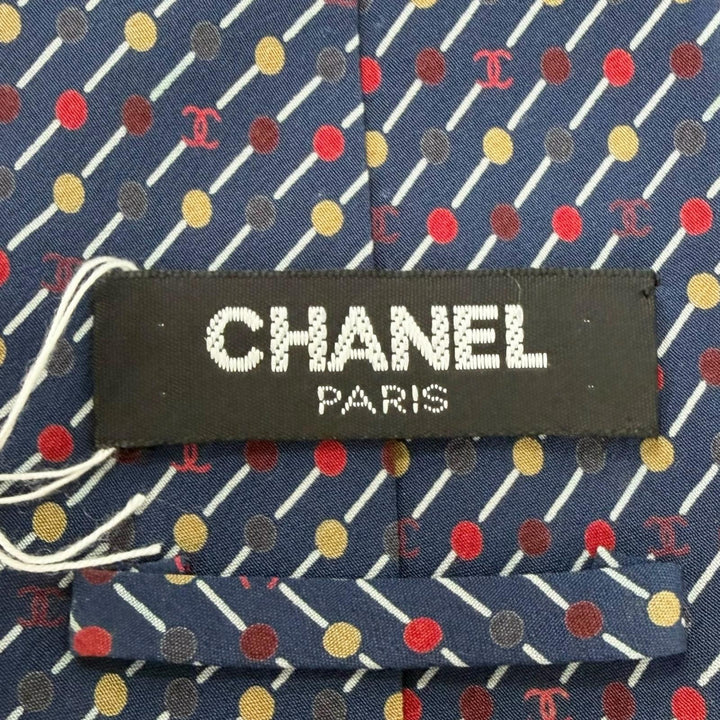 Pristine CHANEL tie COCO Mark Dot Regimental Stripe Regular Tie Navy silk mens