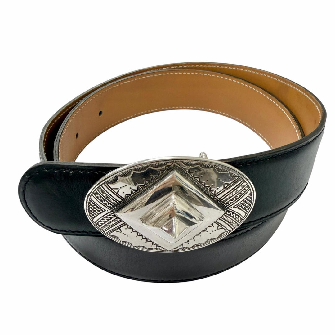 Great HERMES belt Toareg Silver Buckle black leather mens