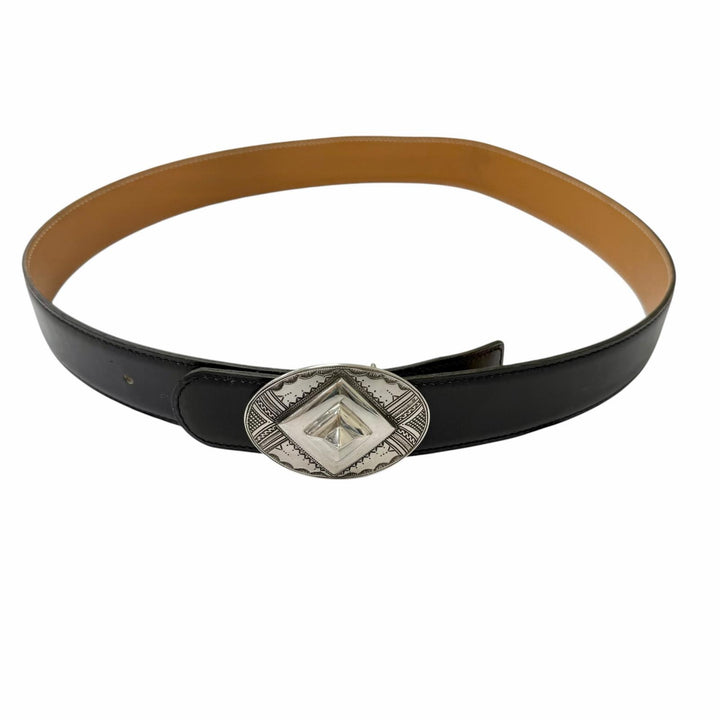Great HERMES belt Toareg Silver Buckle black leather mens