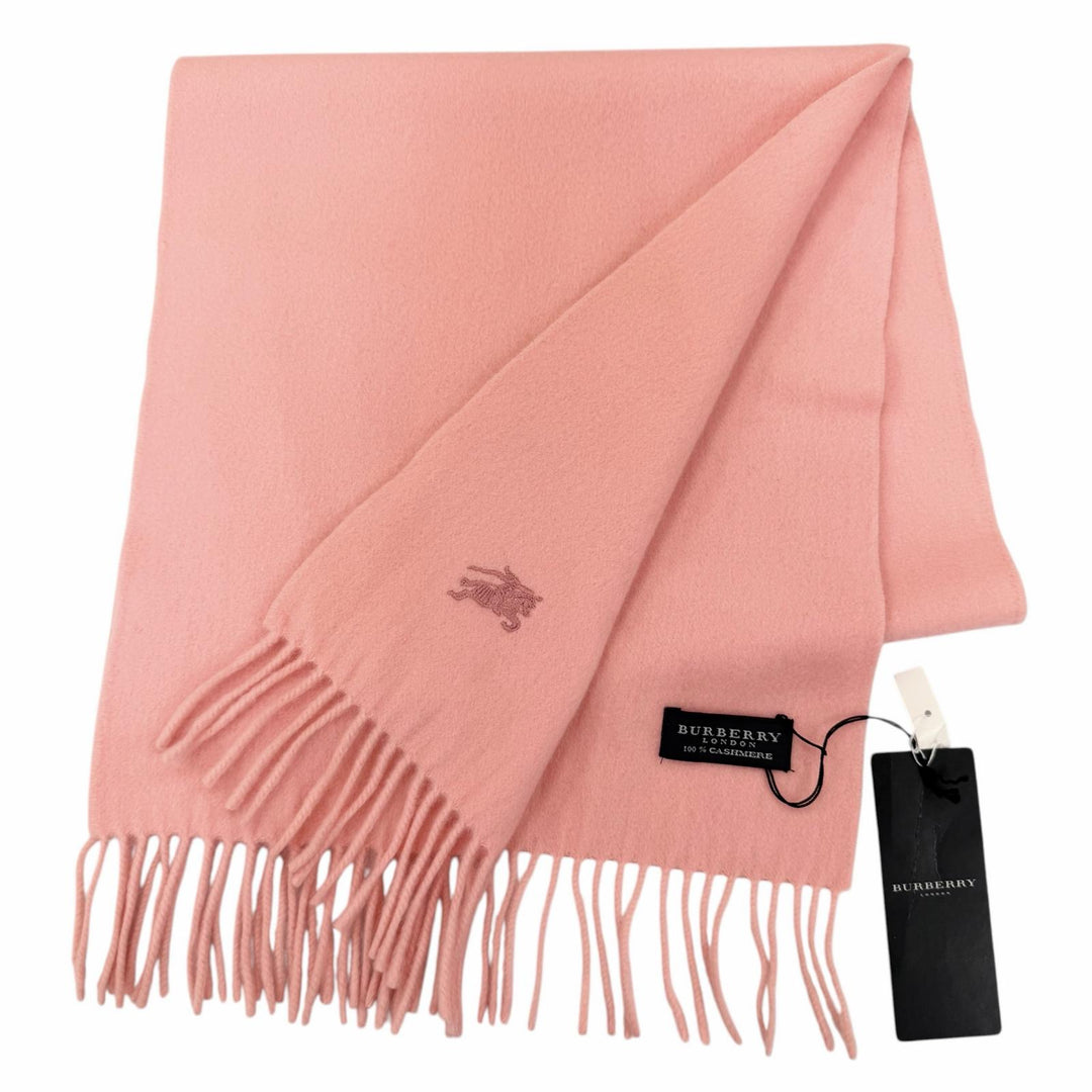 Pristine BURBERRY LONDON Scarf Embroidered logo with fringe pink cashmere Women