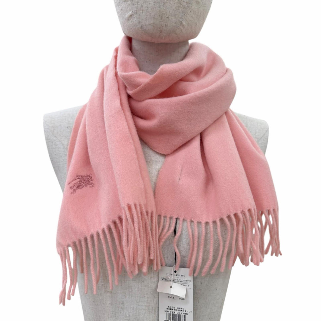 Pristine BURBERRY LONDON Scarf Embroidered logo with fringe pink cashmere Women