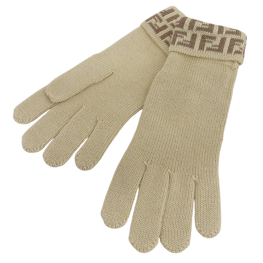 Pristine FENDI gloves Zucchino FF Logo Knit Gloves beige wool Women