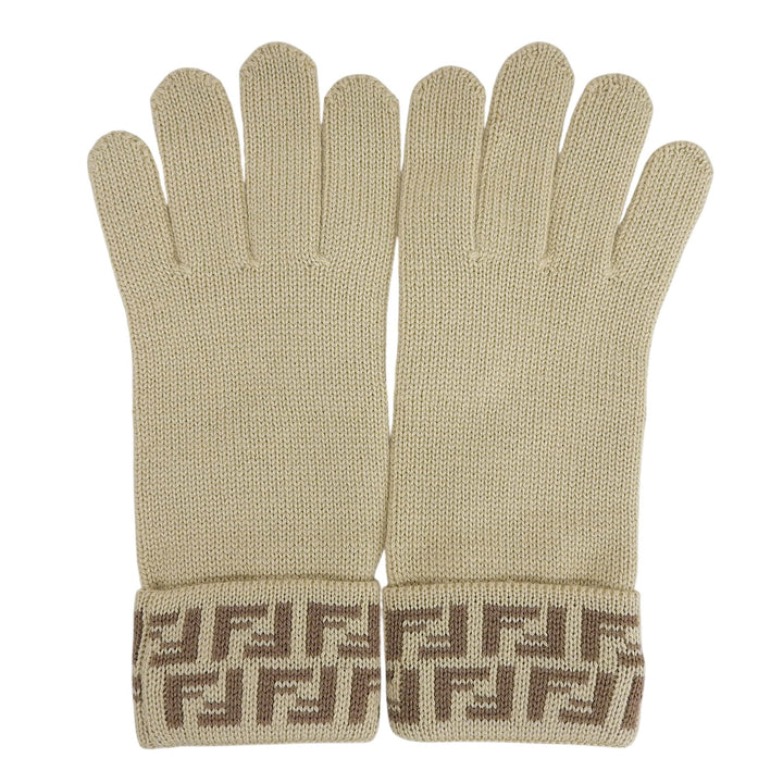Pristine FENDI gloves Zucchino FF Logo Knit Gloves beige wool Women