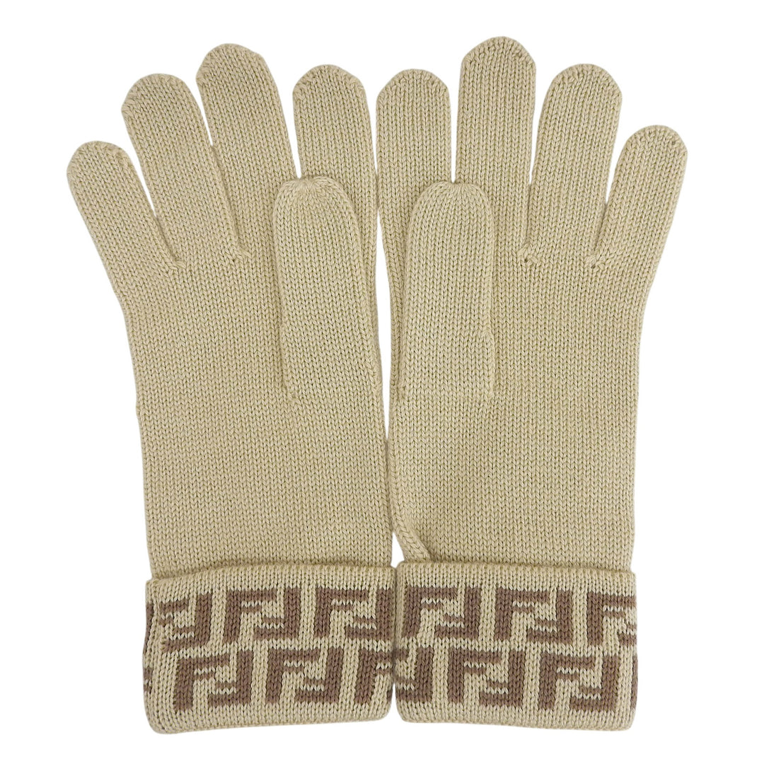 Pristine FENDI gloves Zucchino FF Logo Knit Gloves beige wool Women