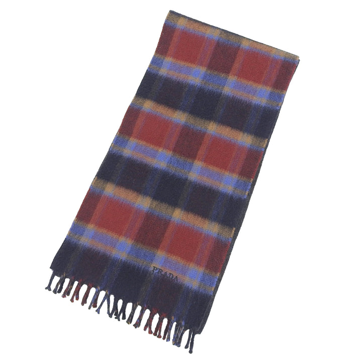 Excellent PRADA Scarf Check pattern logo embroidery with fringe Multi cashmere