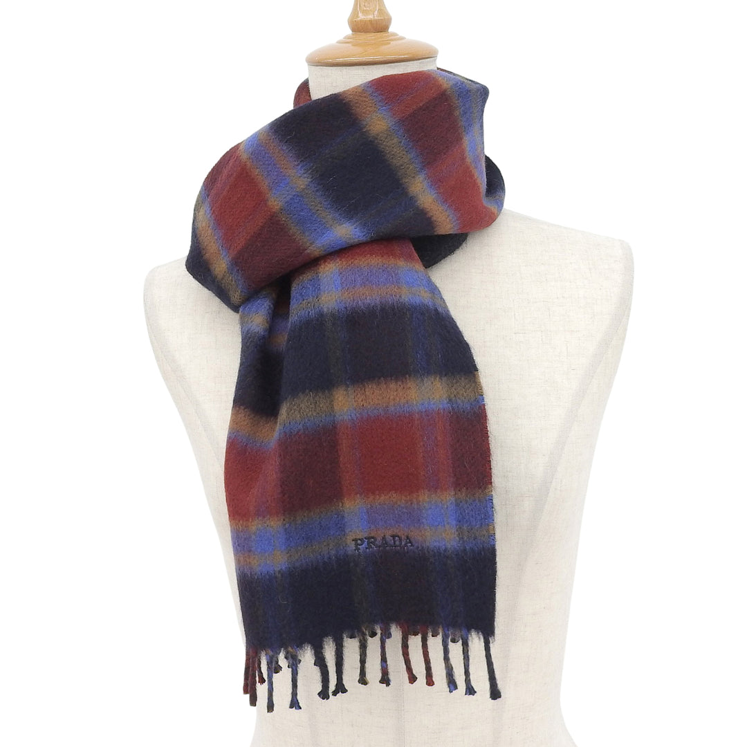 Excellent PRADA Scarf Check pattern logo embroidery with fringe Multi cashmere