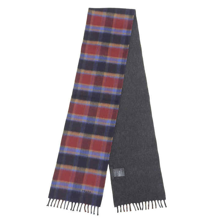 Excellent PRADA Scarf Check pattern logo embroidery with fringe Multi cashmere