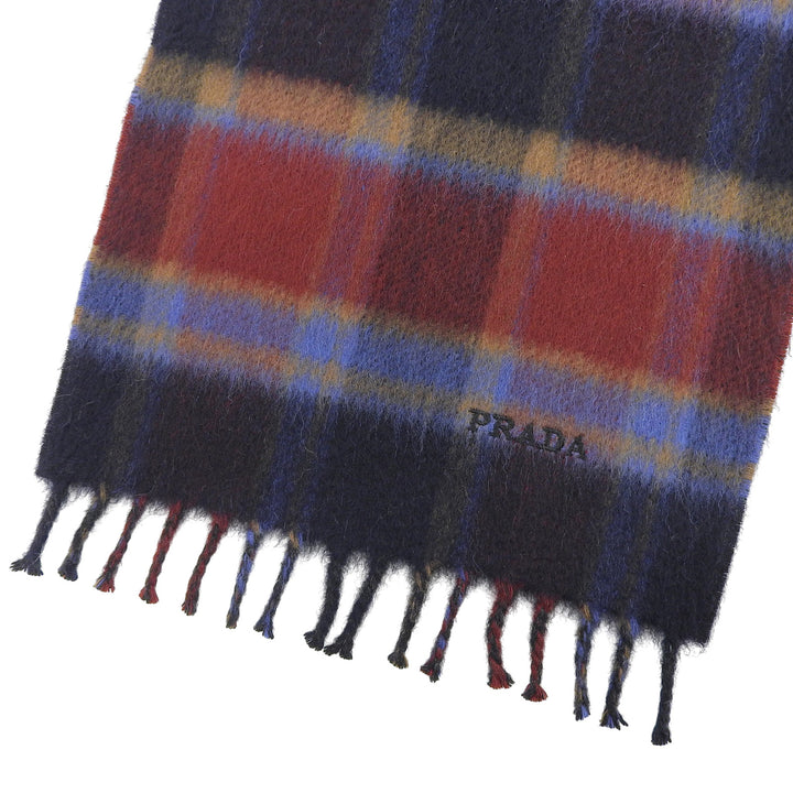 Excellent PRADA Scarf Check pattern logo embroidery with fringe Multi cashmere