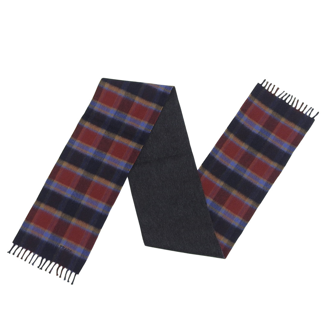 Excellent PRADA Scarf Check pattern logo embroidery with fringe Multi cashmere