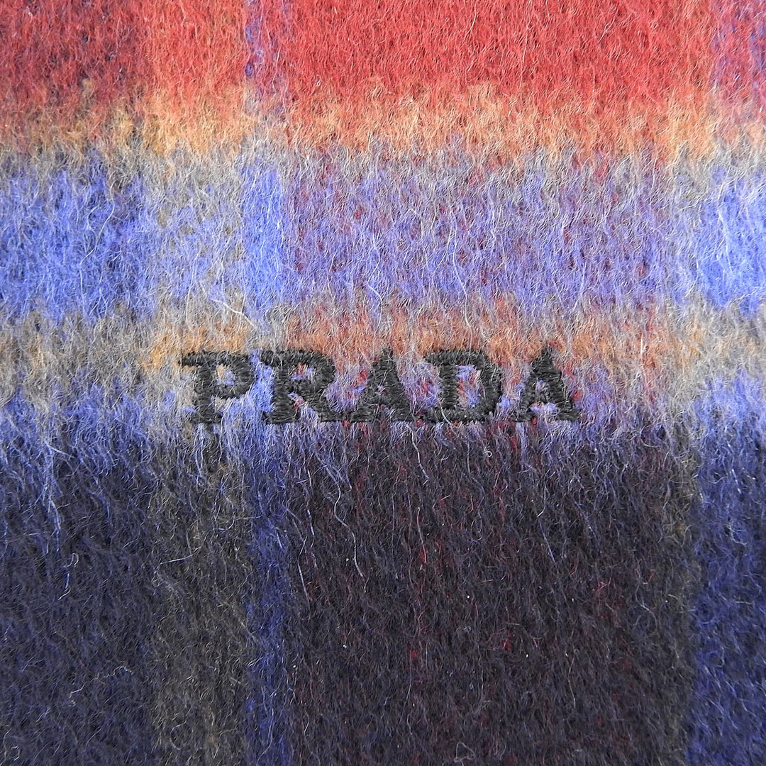 Excellent PRADA Scarf Check pattern logo embroidery with fringe Multi cashmere