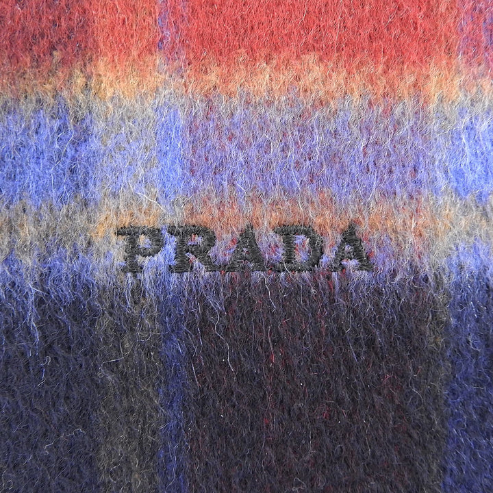Excellent PRADA Scarf Check pattern logo embroidery with fringe Multi cashmere